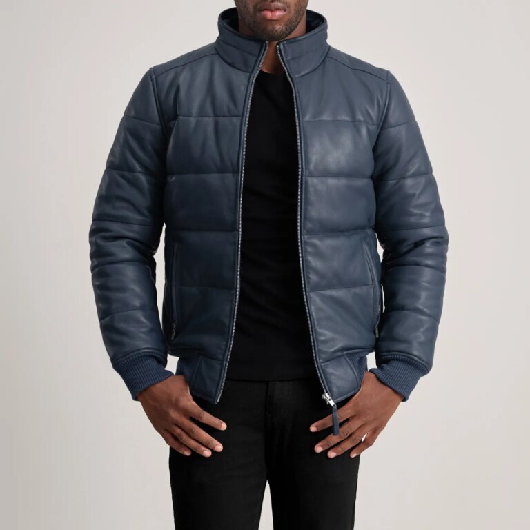 Mens Lucas Blue Leather Puffer Bomber Jacket Open Front-4-1733732335025